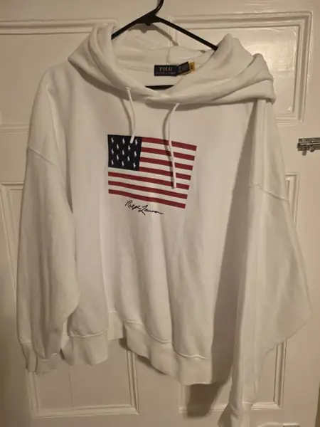 Original seller photograph of a white Ralph Lauren hoodie